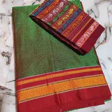 Olive green Khun saree with maroon elephant & peacock motif blouse pc