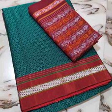 Peacock green khun saree with maroon elephant & peacock motif blouse pc