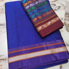 Royal blue Khun saree with maroon elephant & peacock motif blouse pc