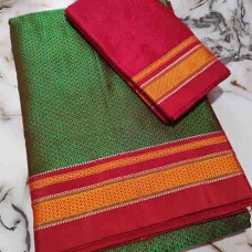 Olive green khun saree with reddish maroon blouse pc