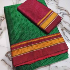 Emerald green Khun/khan saree with a maroon blouse pc