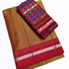 Mustard khun fabric saree with multi coloured blouse pc