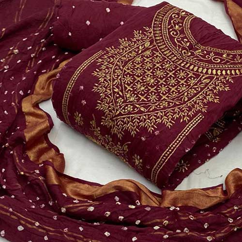 Silver-Parrot Cotton Bandhani Dress Material | KaLa Bandhej