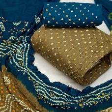 Bandhani dress material in khaki & blue colour