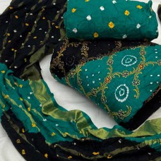 Bandhani dress material in Rama green & black colour