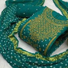 Bandhani dress material in rama green colour
