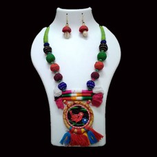 Multi-Coloured Fabric Jewellery with circular red sparrow pendant