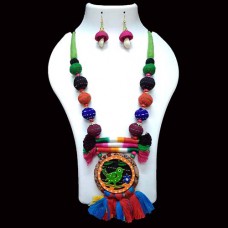 Multi-Coloured Fabric Jewellery with circular green sparrow pendant