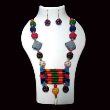 Multi-Coloured Fabric Jewellery with rectangular thread pendant