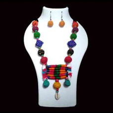Multi-Coloured Fabric Jewellery with rectangular thread pendant & mustard earrings