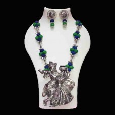 Handmade jewellery with Blue-green thread beads and oxidise pendant