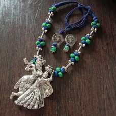 Handmade jewellery with Blue-green thread beads and oxidise pendant