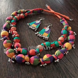 Women's fabric jewellery with tiny silver ghungroo beads