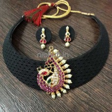 Khan fabric choker in black with heavy peacock Pendant with stones and pearls