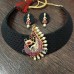 Khan fabric choker in black with heavy peacock Pendant with stones and pearls