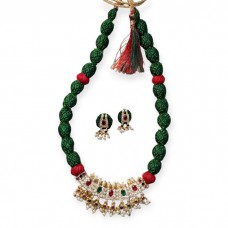 Khan fabric necklace set in green colour with stone & pearl pendant