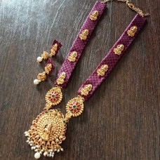 Khan fabric jewellery created from Rani pink khun fabric & temple jewellery