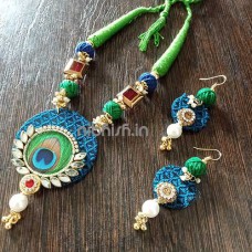 Khan Fabric Necklace set in Firozi khan fabric with Morpankh motif