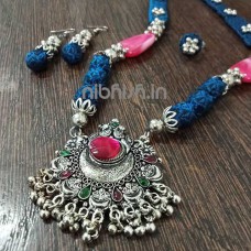 Khan fabric long necklace set in blue khan fabric with oxidise pendant