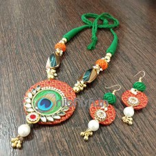 khun necklace set in orange khan fabric with Morpankh motif