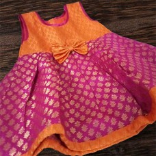 Traditional dress for newborn baby girl in Magenta & orange brocade