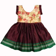 Maroon khan frock for baby girl with beige printed silk yoke