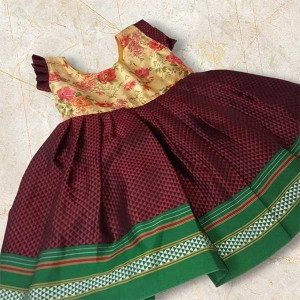 Maroon khan frock for baby girl with beige printed silk yoke