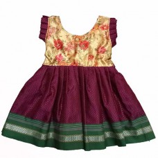 Magenta khan frock for baby girl with beige printed silk yoke