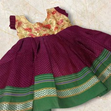 Magenta khan frock for baby girl with beige printed silk yoke