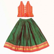 Olive green khun fabric skirt with dark orange jamevar top