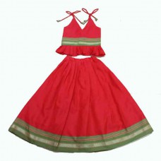 Tomato red Khun fabric skirt top with green border