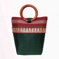 Green Khun fabric Handbag with round handles