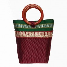 Maroon khan fabric handbags with round handles