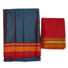 Khan saree in peacock blue with red blouse pc