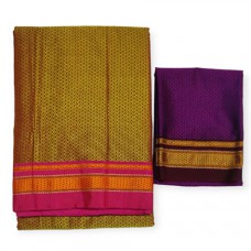 Khan saree in mustard colour with violet blouse pc